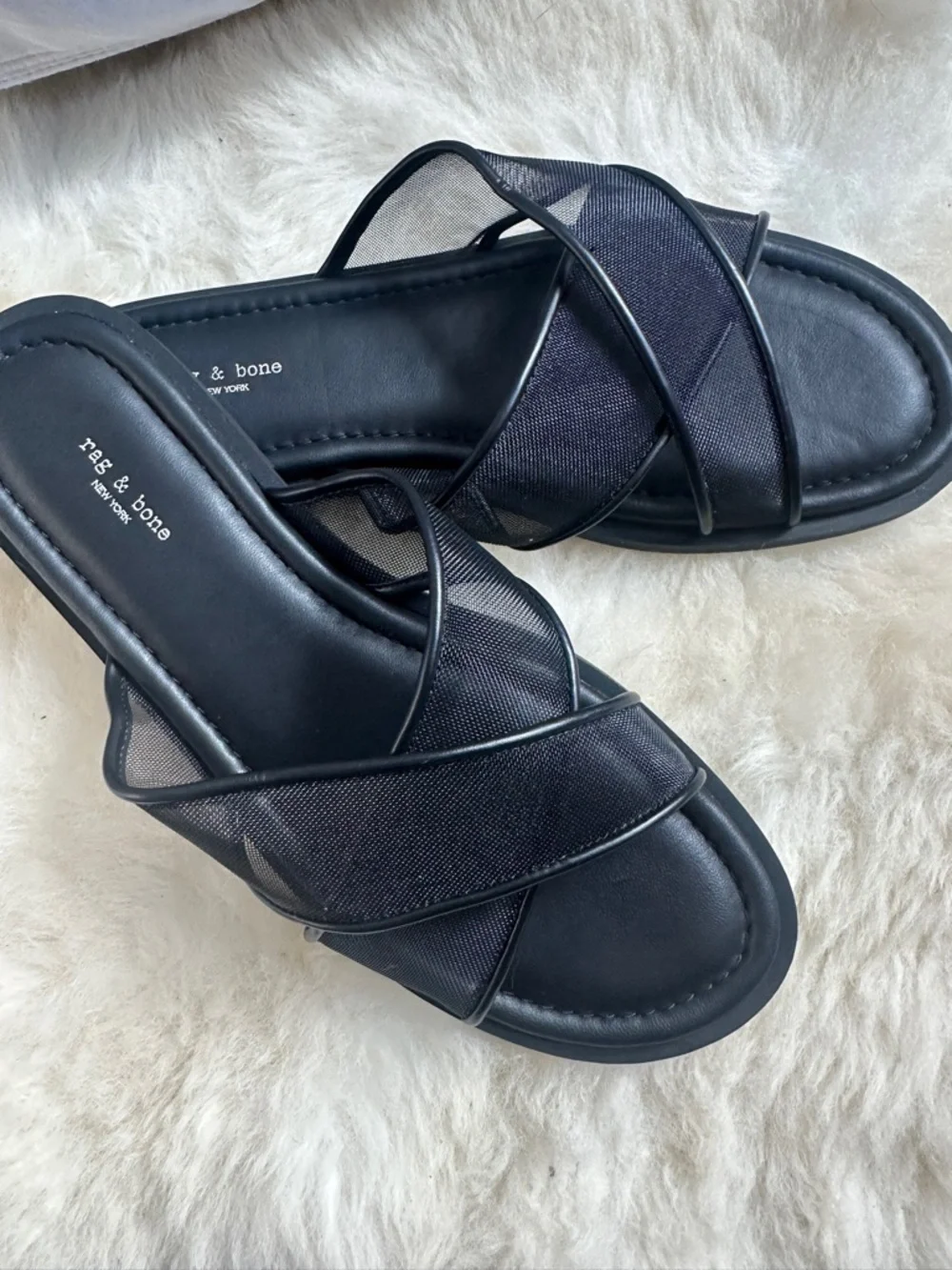 Rag & Bone Geo Mesh Cross Strap Sandals Black Slide Leather Trim Cushioned NEW